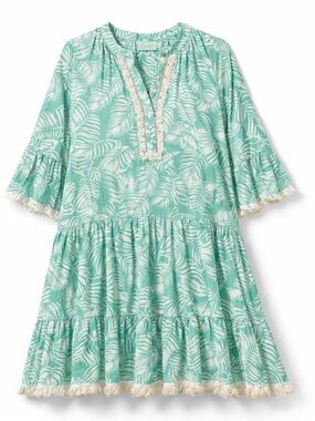 Green Leaf-Print Tiered Women’s Dress with Lace Trim